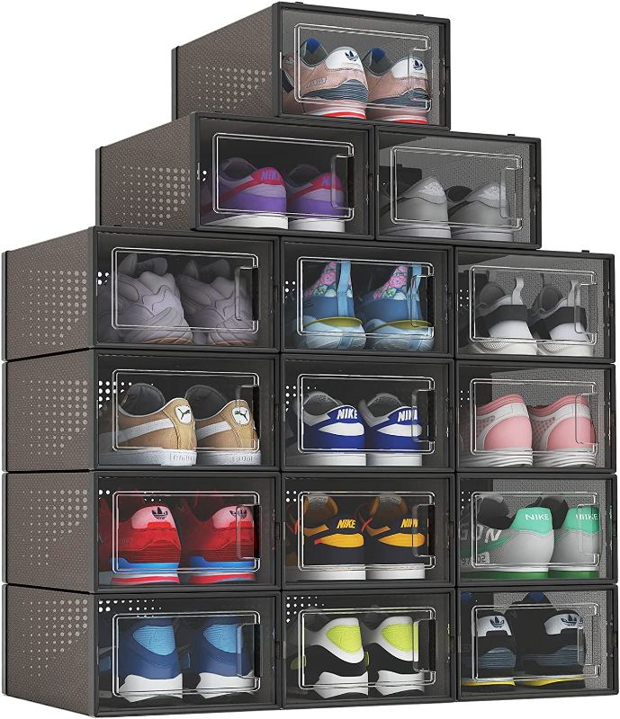 Photo 1 of 16 PCS M Black Shoe Storage Boxes - ORAYOMOU Clear Plastic Stackable Shoes Organizer for Closet (2022 New), Space Saving Shoe Case with Lids, Foldable Shoe Containers Bins for Shoe Display