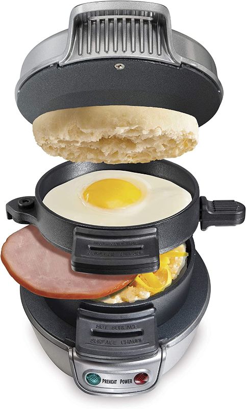 Photo 1 of Hamilton Beach Breakfast Sandwich Maker with Egg Cooker Ring, Customize Ingredients, Perfect for English Muffins, Croissants, Mini Waffles, Single, Silver