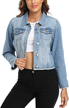 Photo 1 of  Jean Jacket Women’s Frayed Washed Button Up Cropped Denim Jacket w 2 Side Pockets
SIZE L