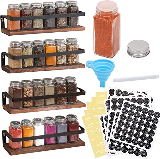 Photo 1 of Aozita 4 Pack Spice Rack with Jars, 25 Glass Spice Jars, Hanging Spice Rack for Cabinet, Space Saving Rustic Wood Floating Shelves - Spice Labels Chalk Marker and Silicone Collapsible Funnel Included
