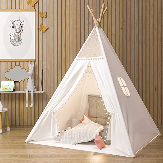 Photo 1 of Gamenote Teepee Tent for Kids Indoor Tents with Mat, Inner Pocket, Unique Reinforcement Part - Foldable Play Tent Canvas Tipi Childrens Tents for Girls & Boys (White) (Teepee4)
