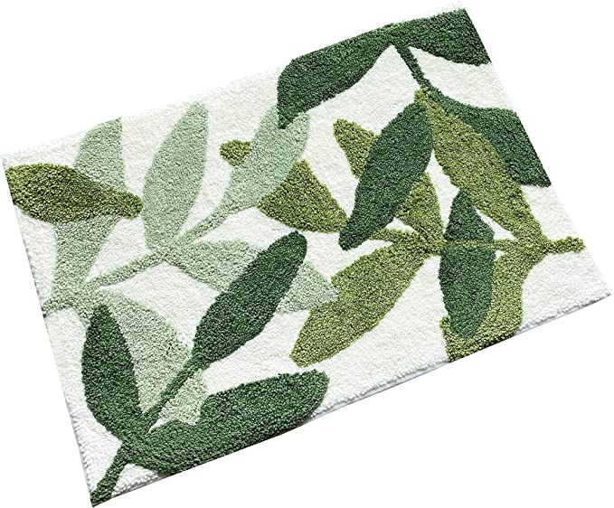 Photo 1 of  Leaves Plush Microfiber Strong Water Aabsorbent Green Bath Rug with Non Slip Back Small Bathroom Rug for Bathroom Floor Bath Mat Cute Indoor Shower Mat Doormat 25.5 X 17.5IN