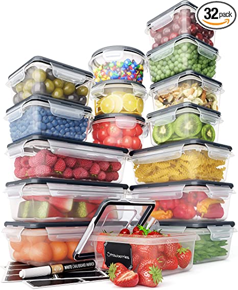 Photo 1 of 32 Piece Food Storage Containers Set with Easy Snap Lids (16 Lids + 16 Containers) - Airtight Plastic Containers for Pantry & Kitchen Organization - BPA-Free Food Containers with Free Labels & Marker
