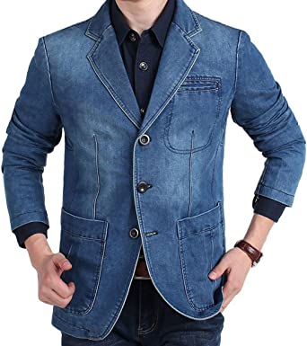 Photo 1 of chouyatou Men's Classic Notched Collar 3 Button Tailoring Distressed Denim Blazer Jacket