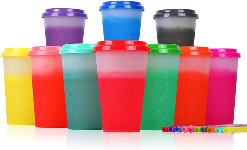 Photo 1 of Color Changing Cups with Straws & Lids: 12oz Kids Cold Water Drinking Cups 10 Pcs Reusable Plastic Tumbler Bulk