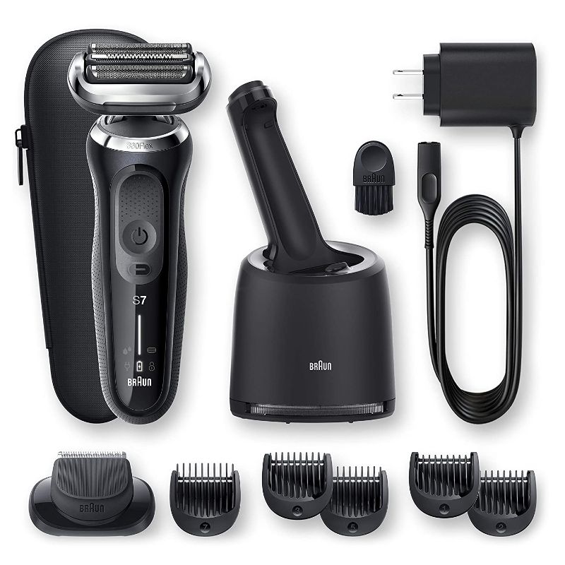 Photo 1 of Braun Electric Razor for Men, Waterproof Foil Shaver, Series 7 7075cc, Wet & Dry Shave, With Beard Trimmer, Rechargeable, Clean & Charge SmartCare Center and Leather Travel Case Included, Black