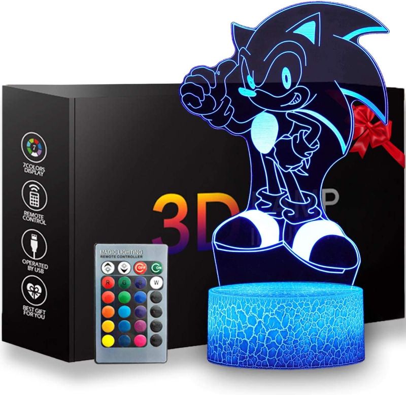 Photo 1 of 3D Sonic Hedgehog Night Light, Table Lamp with Remote Control Kids Bedroom Decoration, Creative Lighting for Kids and Fans
