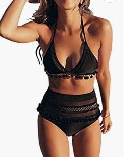 Photo 1 of AZOKOE Women High Waisted Swimsuits Two Piece Padded Stripe Tassel Tankini Set Tummy Control
SIZE L