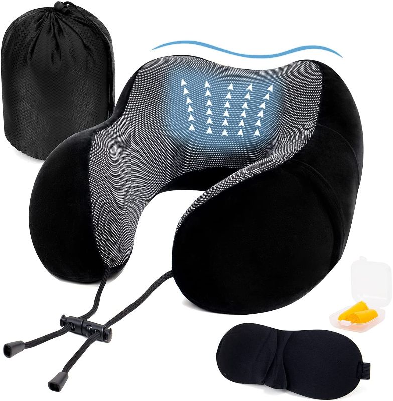 Photo 1 of Neck Pillow Travel Soft Travel Pillow for Airplanes,100% Memory Foam Airplane Pillow, Travel Neck Pillow with Sleep Masks, Earplugs and Storage Bag for Airplane, Sleeping, Office, Neck Pain
