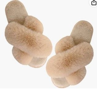 Photo 1 of Women's Cross Band Slippers Soft Plush Furry Cozy Open Toe House Shoes Indoor Outdoor Faux Rabbit Fur Warm Comfy Slip On Breathable
size 7-8