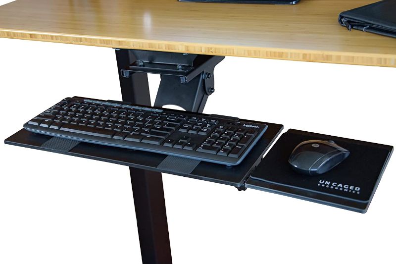 Photo 2 of Uncaged Ergonomics KT1 Ergonomic Under-Desk Computer Keyboard Tray. Adjustable height angle negative tilt sliding pull out drawer platform swivels 360 slides office products, black
