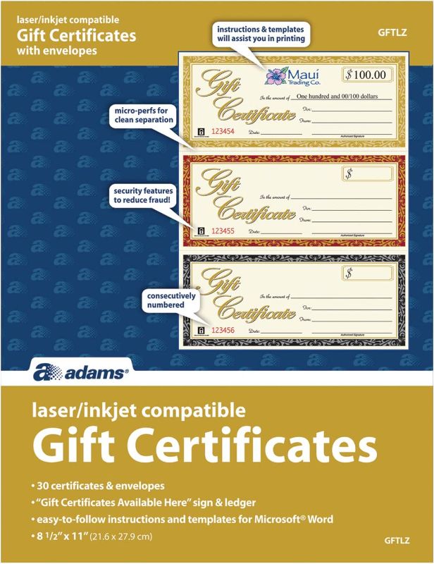 Photo 1 of Pack of 2, Adams Gift Certificates, Laser/Inkjet Compatible, 3-Up, 30 per Pack with Envelopes (GFTLZ),White