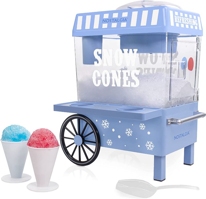 Photo 1 of Nostalgia Vintage Countertop Snow Cone Maker Makes 20 Icy Treats, Includes 2 Reusable Plastic Cups & Ice Scoop – Blue
**missing scoop
