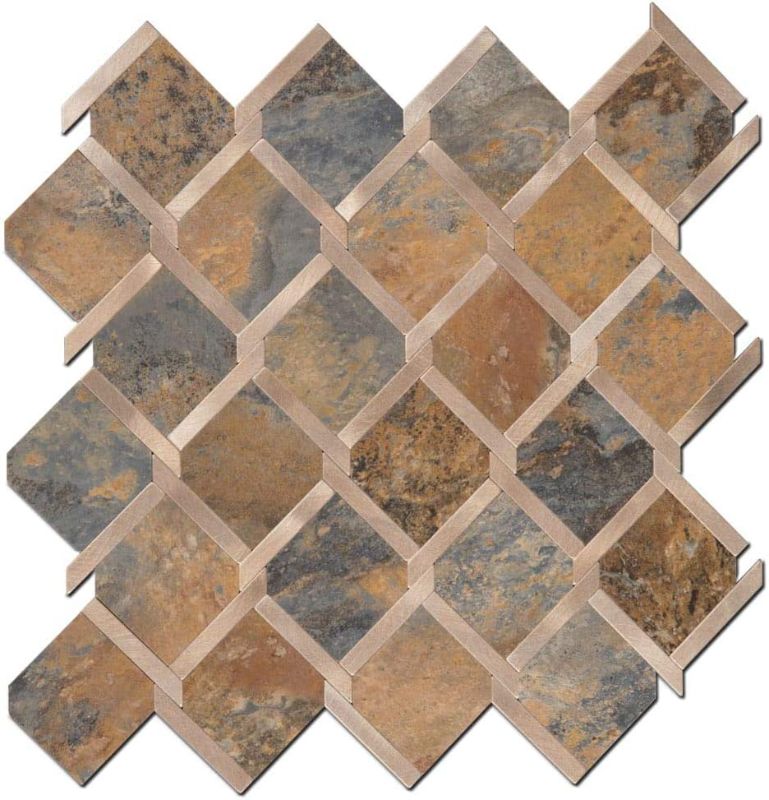 Photo 1 of 2 Pack Soulscrafts 5-Sheet Peel and Stick Tile Backsplash PVC Rusty Slate with Gold Metal Backsplash Stone Tile for Kitchen Backsplash Bathroom