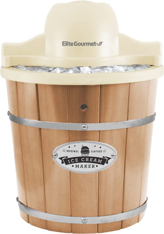 Photo 1 of Elite Gourmet EIM-924L## 4 quart Old Fashioned Vintage Appalachian Wood Bucket Electric Ice Cream Maker Machine with Leak-Proof Liner, Uses Ice and Rock Salt Churns Ice Cream in Minutes, 4 Qt, Pine