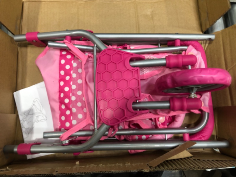 Photo 2 of ***Missing back wheels***
Precious Toys Baby Doll Stroller, Doll Stroller for Toddlers and 2-Year-Old Girls and Older, Pink & White Polka Dots, Foldable with Hood, Basket and Foam Handles ***Missing back wheels***
