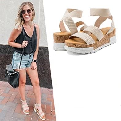 Photo 1 of Athlefit Women's Wedge Sandals Platform Sandals Cork Elastic Strap Sandals (7.5)
