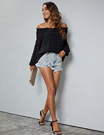 Photo 1 of Blooming Jelly Women's Off The Shoulder Tops Chiffon Blouses Long Sleeve Shirts Flattering Pom Pom Top XXXL
 