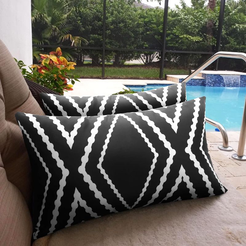 Photo 1 of Adabana Outdoor Waterproof Boho Throw Pillow Covers Geometric Lumbar Pillow Cases for Patio Garden Set of 2, 12 X 20 Inches Black
