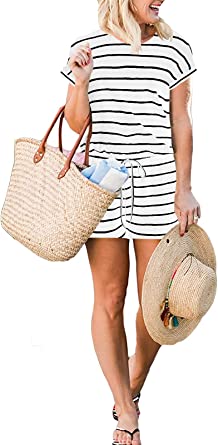 Photo 1 of ANRABESS Women's Summer Short Sleeve Striped Jumpsuit Rompers with Pockets Short Pant Rompers Pajamas Loungewear (S)
