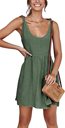 Photo 1 of CNJFJ Womens Summer Shoulder Tie Strap Babydoll Dress Casual Scoop Neck A-Line Skater Swing Mini Sundress (L)
