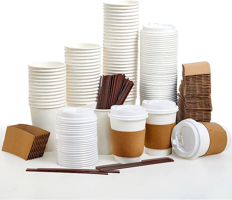 Photo 1 of [100 Pack] 12 oz Paper Coffee Cups, Disposable Paper Coffee Cup with Lids, Sleeves, and Stirrers, Hot/Cold Beverage Drinking Cup for Water, Juice, Coffee or Tea, Suitable for Home, Shops and Cafes
