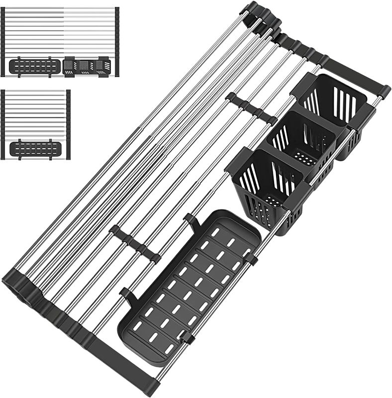 Photo 1 of Roll Up Dish Drying Rack with 2 Utensil Holders, Expandable & Collapsible Roll Up Over The Sink Kitchen Dish Drainer Up to 23” Sink Rack Stainless Steel Dish Drying Rack for Kitchen Sink Counter
