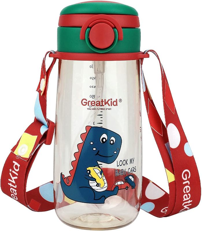 Photo 1 of Kids PPSU Water Bottle with Straw,16oz Toddlers Reusable Travel Bottle with Handle and Shoulder Strap,Leak Proof,BPA FREE,Locking Cap,Dinosaur for School(Red)
