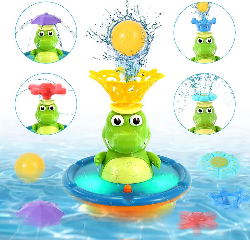 Photo 1 of Baby Bath Toys, Crocodile Bath Toys for Toddlers 1-3, 5 Modes Spray Water Fountain Bath Toy, Light Up Bath Toys for Baby Toddlers Infants, Sprinkler Bathtub Toys for Bathroom Swimming Pool
