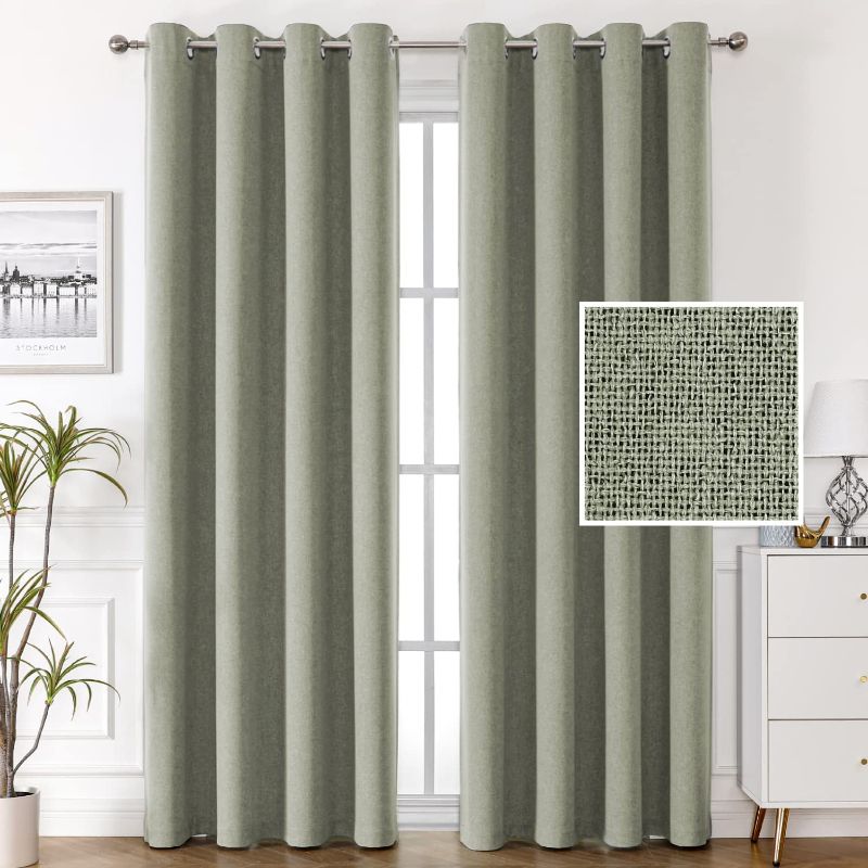 Photo 1 of 100% Blackout Linen Curtains 96 inches Long Thermal Curtains for Living Room Textured Burlap Curtains with Double Face Linen Grommet Soundproof Bedroom Curtains 52 x 96 Inch, 2 Panels - Sage
