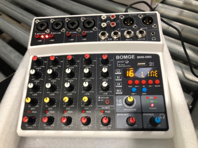 Photo 2 of BOMGE 6 Channel Audio Sound Mixer - Professional Digital DJ Mixing Console for Live Streaming,, Karaoke and Stereo Recording - With PC Computer Record Playback/ Bluetooth/MP3/USB/48V /16 DSP Echo
