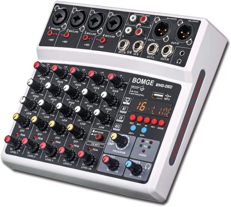 Photo 1 of BOMGE 6 Channel Audio Sound Mixer - Professional Digital DJ Mixing Console for Live Streaming,, Karaoke and Stereo Recording - With PC Computer Record Playback/ Bluetooth/MP3/USB/48V /16 DSP Echo
