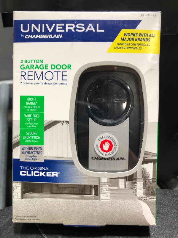 Photo 2 of Chamberlain Group KLIK3U-SS Chamberlain 2-Button Garage Door Opener Remote With Visor Clip, Silver
