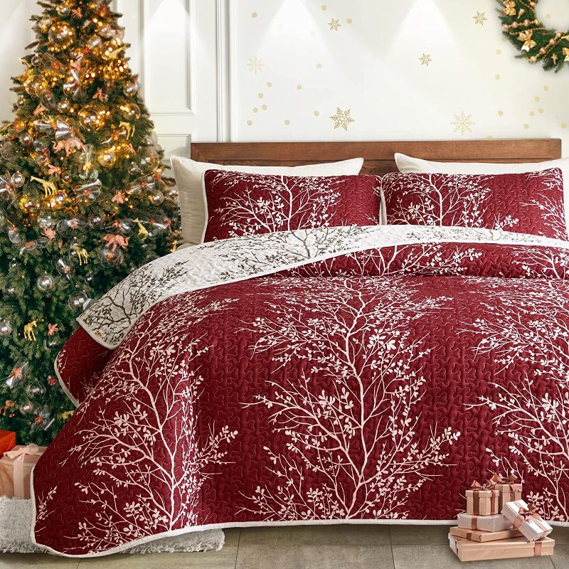 Photo 1 of 3 Piece Reversible Christmas Quilt Set Burgundy Red Branch King Size 102x88 Soft Microfiber Lightweight Coverlet Bedspread Summer Comforter Set Bed Cover for All Season (1 Quilt+ 2 Shams)
