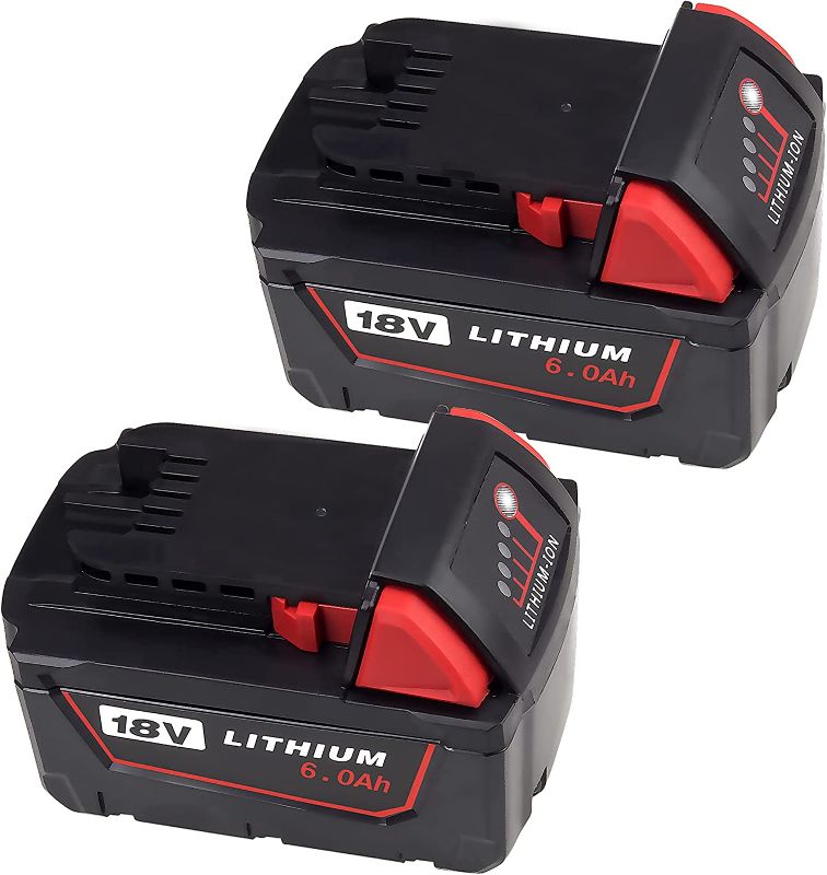 Photo 1 of 2 Packs 18V 6.0Ah Replacement 48-11-1860 Battery Compatible with Milwaukee M18 Battery Lithium 48-11-1862 48-11-1850 48-11-1840 48-11-1828 48-11-1820 48-11-1815 Cordless Tools Batteries
