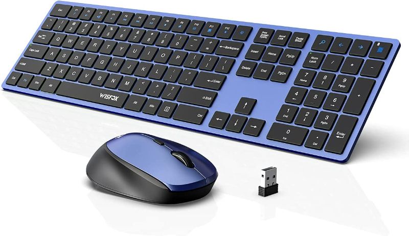 Photo 1 of WisFox Wireless Keyboard and Mouse Combo, Energy Saving, Silent Slim Quick 2.4GHz Cordless USB Keyboard Mouse Set with Number Pad Independent On/Off Switch for PC Laptop Windows Mac (Black and Blue)