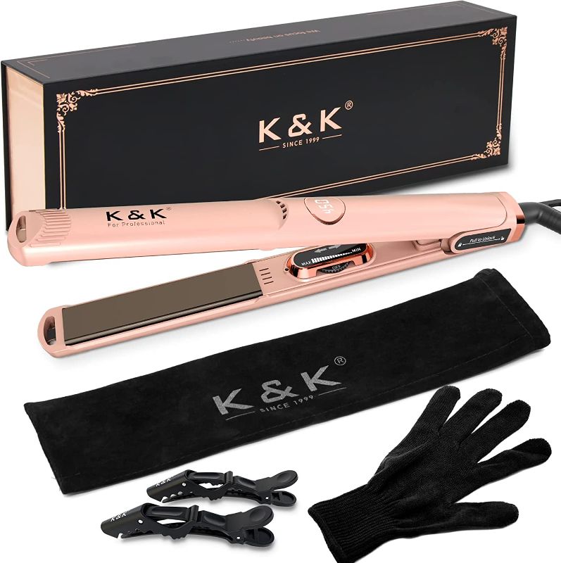 Photo 1 of K&K 1 Inch Hair Straightener with LED Display Adjustable Temperature Flat Iron for Short Hair Tourmaline Titanium Dual Voltage Auto Shut Off 4D 360°Swivel (Rose)
