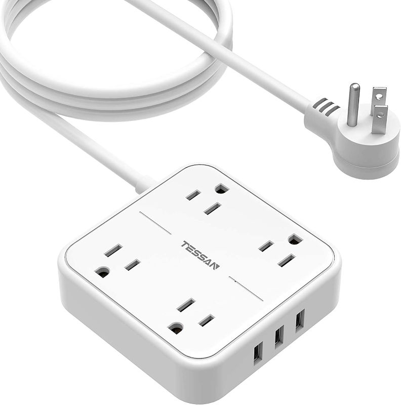 Photo 1 of Flat Extension Cord 10 FT, TESSAN 4 Outlets 3 USB Ports Power Strip, Wall Mountable Charging Station, 1250W, 10A, Long Power Cord for Indoor, Home, Office, Dorm Essentials, White
