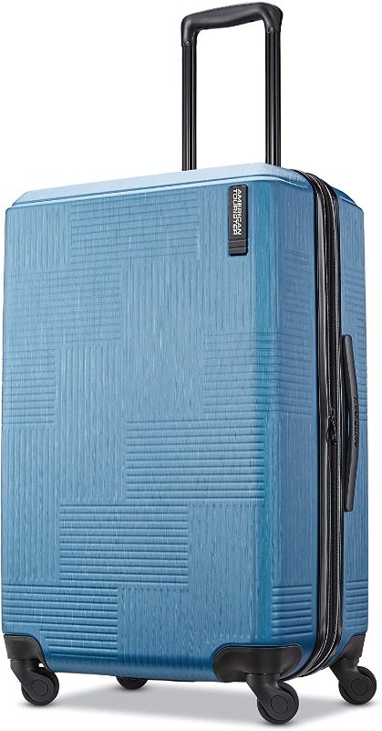 Photo 1 of American Tourister Stratum XLT Expandable Hardside Luggage with Spinner Wheels, Blue Spruce, Checked-Medium 24-Inch
