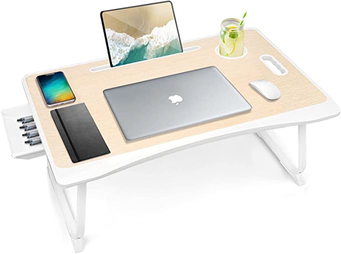 Photo 1 of Laptop Bed Desk Tray Bed Table, Foldable Portable Lap Desk with Storage Drawer and Cup Holder for Eating Breakfast on Bed/Couch/Sofa-White Oak