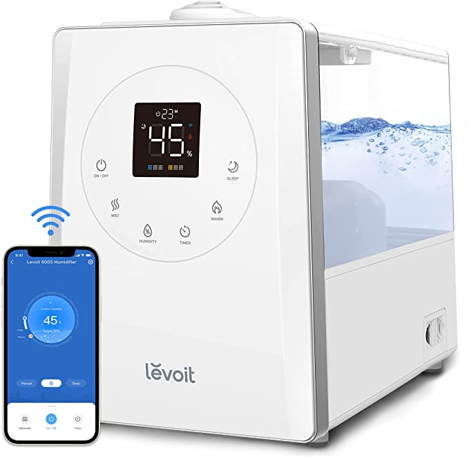 Photo 1 of LEVOIT Smart Humidifiers for Bedroom Large Room, 6L Top Fill Warm and Cool Mist for Home and Plants, Air Vaporizer for Whole House, Customized Humidity, Essential Oil, Timer, Sleep Mode, Quiet, White
