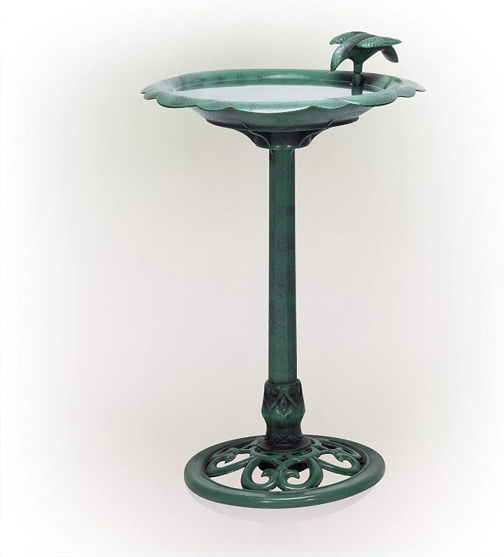 Photo 1 of Alpine Corporation TEC114 Antique Flower Birdbath, 20" L x 20" W x 31" H, Green
