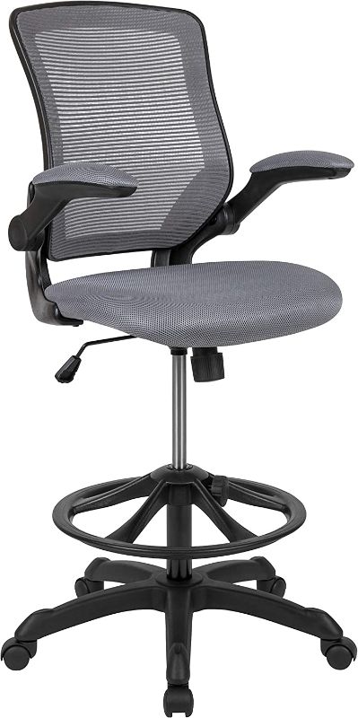 Photo 1 of Flash Furniture Mid-Back Dark Gray Mesh Ergonomic Drafting Chair with Adjustable Foot Ring and Flip-Up Arms
