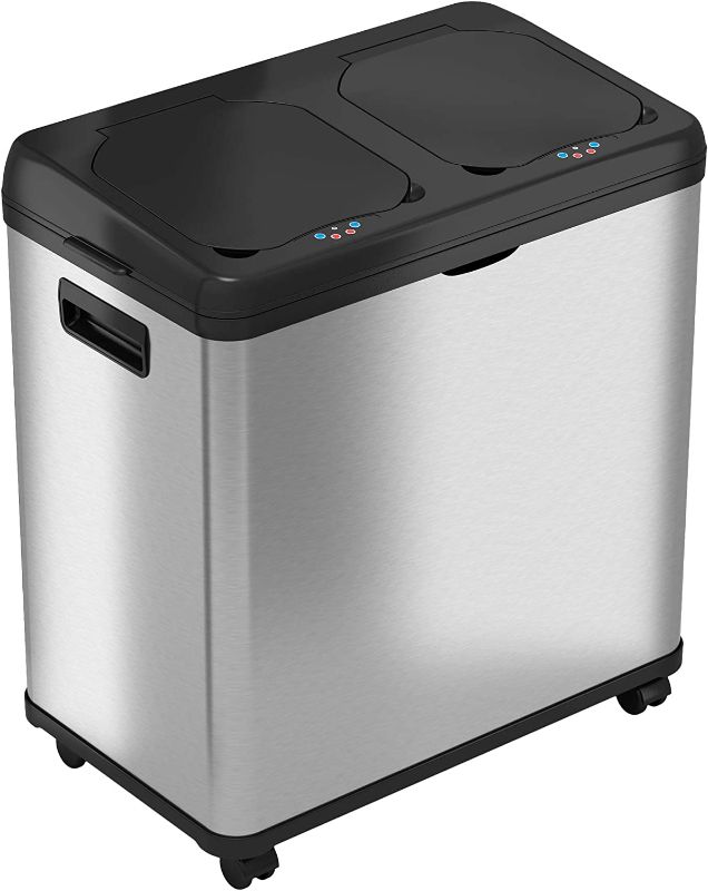 Photo 1 of iTouchless 16 Gallon Touchless Trash Can and Recycle Bin, Stainless Steel, Dual-Compartment (8 Gal each)