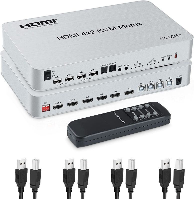 Photo 1 of 4x2 HDMI KVM Matrix Switch, 4K@60Hz KVM Switch + Optical & L/R Audio Output, 4 HDMI2.0 Port + 4 USB2.0 Port, Share 4 Computer to Dual Monitor, Support Auto Scale, Audio Extractor with Remote Control
