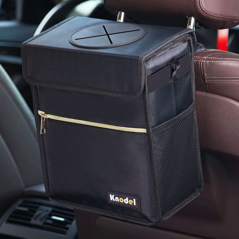 Photo 1 of K KNODEL Car Trash Can with Lid, Leak-Proof Car Garbage Can with Storage Pockets, Waterproof Auto Garbage Bag Hanging for Headrest (Large, Black)
