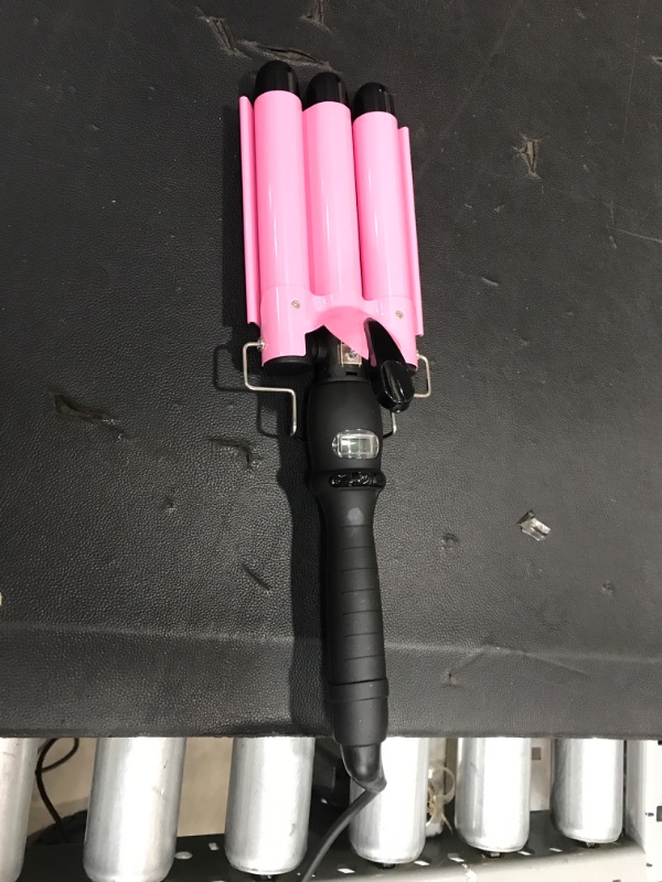 Photo 2 of Alure Three Barrel Curling Iron Wand with LCD Temperature Display - 1 Inch Ceramic Tourmaline Triple Barrels, Dual Voltage Crimp (Pink)
