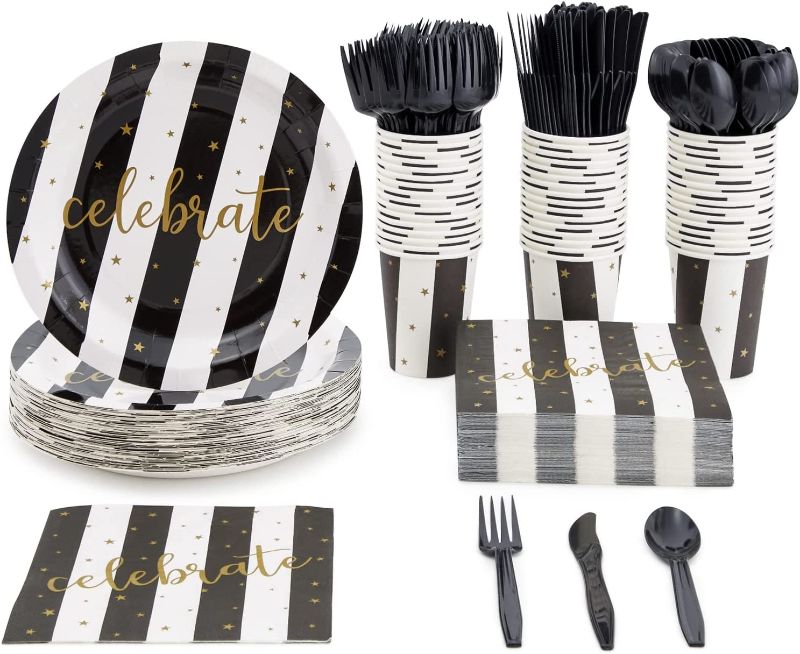 Photo 1 of 144 Piece Black and White Party Supplies, Celebrate Dinnerware Set for Graduations, New Years Party Decorations (Serves 24)
