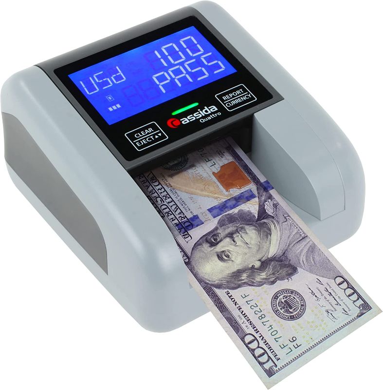 Photo 1 of Cassida Quattro Fast Automatic Currency Counterfeit Detector with Advanced Sensors (UV,MG,IR,MT,WT,Thickness,Size) - All-Orientation Feeding - Rechargeable Battery - 3.5" Value & Pass/Fail Display
