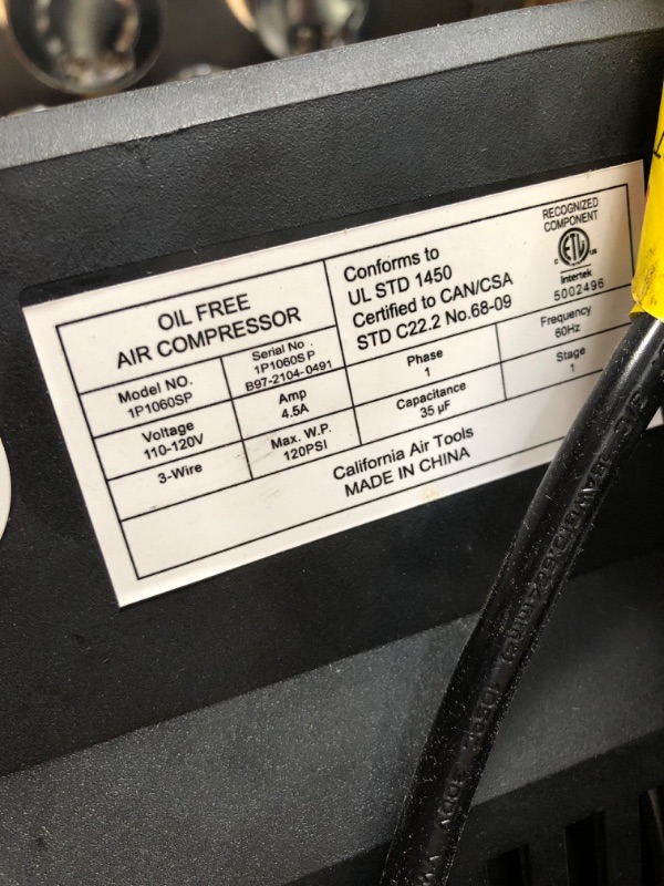 Photo 3 of California Air Tools 1P1060SP Light & Quiet .6 Hp, 1.0 Gal. Steel Tank Portable Air Compressor